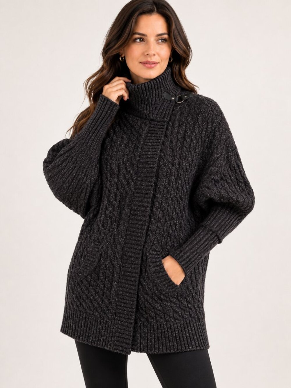 Eclipse XS/S Cable Knit Cardigan Sweater Charcoal Buckle Collar Cozy